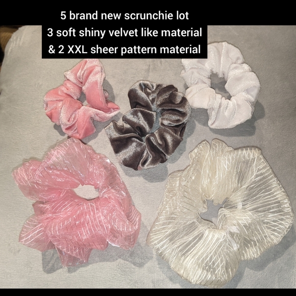 5 brand new scrunchie lot 3 soft shiny velvet & 2 sheer patterned XXL sized - Picture 1 of 4